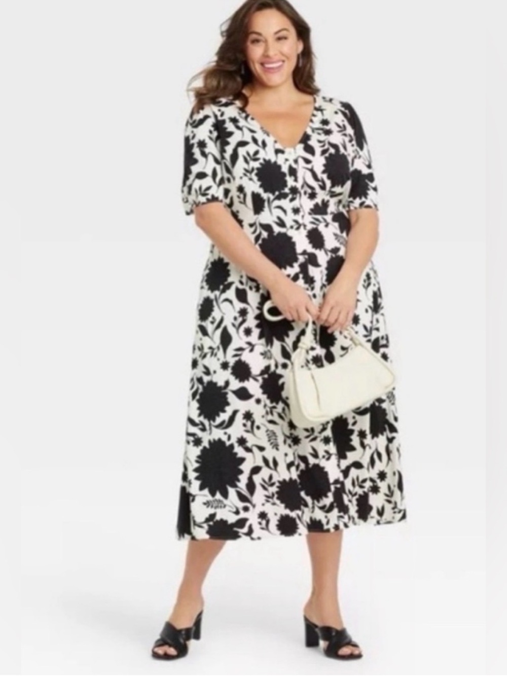 Ava & Viv Black & White Floral Midi Dress - 2X